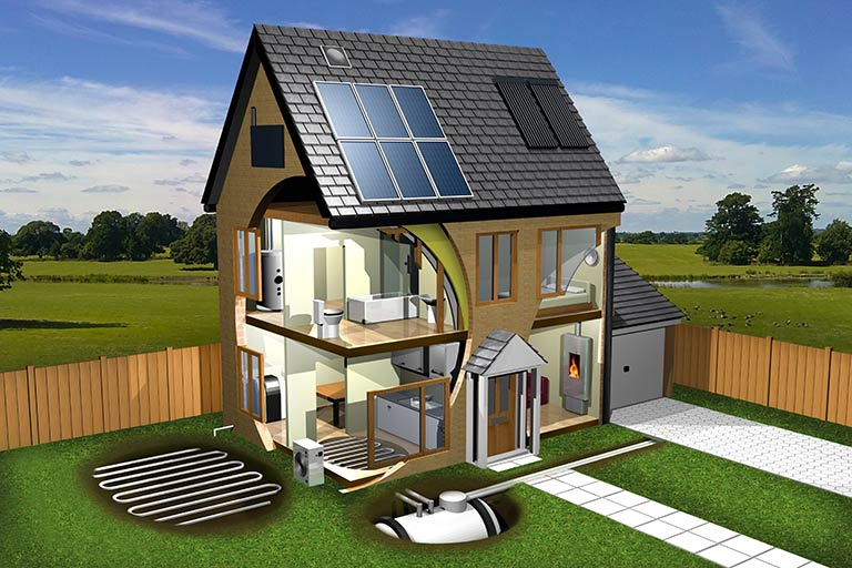 Photo of a house that has been retrofitted with alternative energy and sustainable water